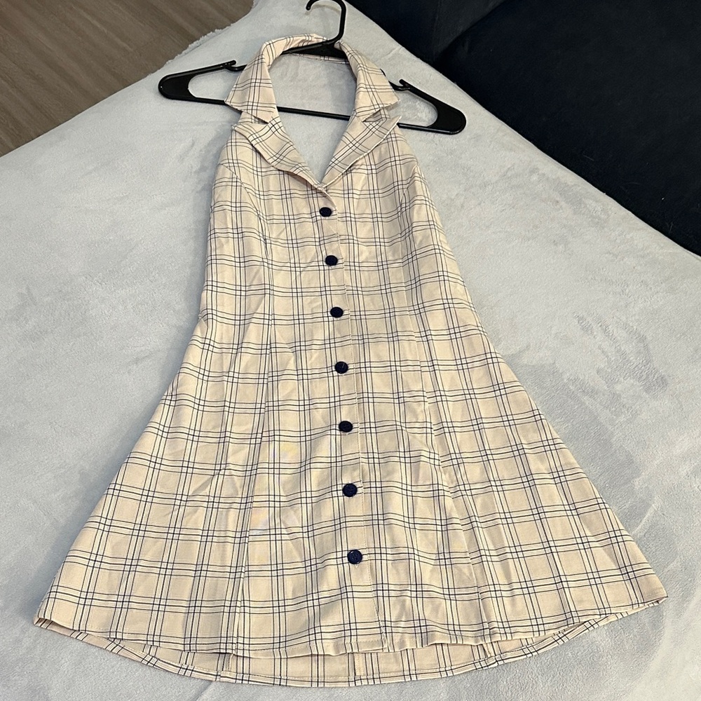 NWT- Olivaceous Plaid Mini halter neck Dress